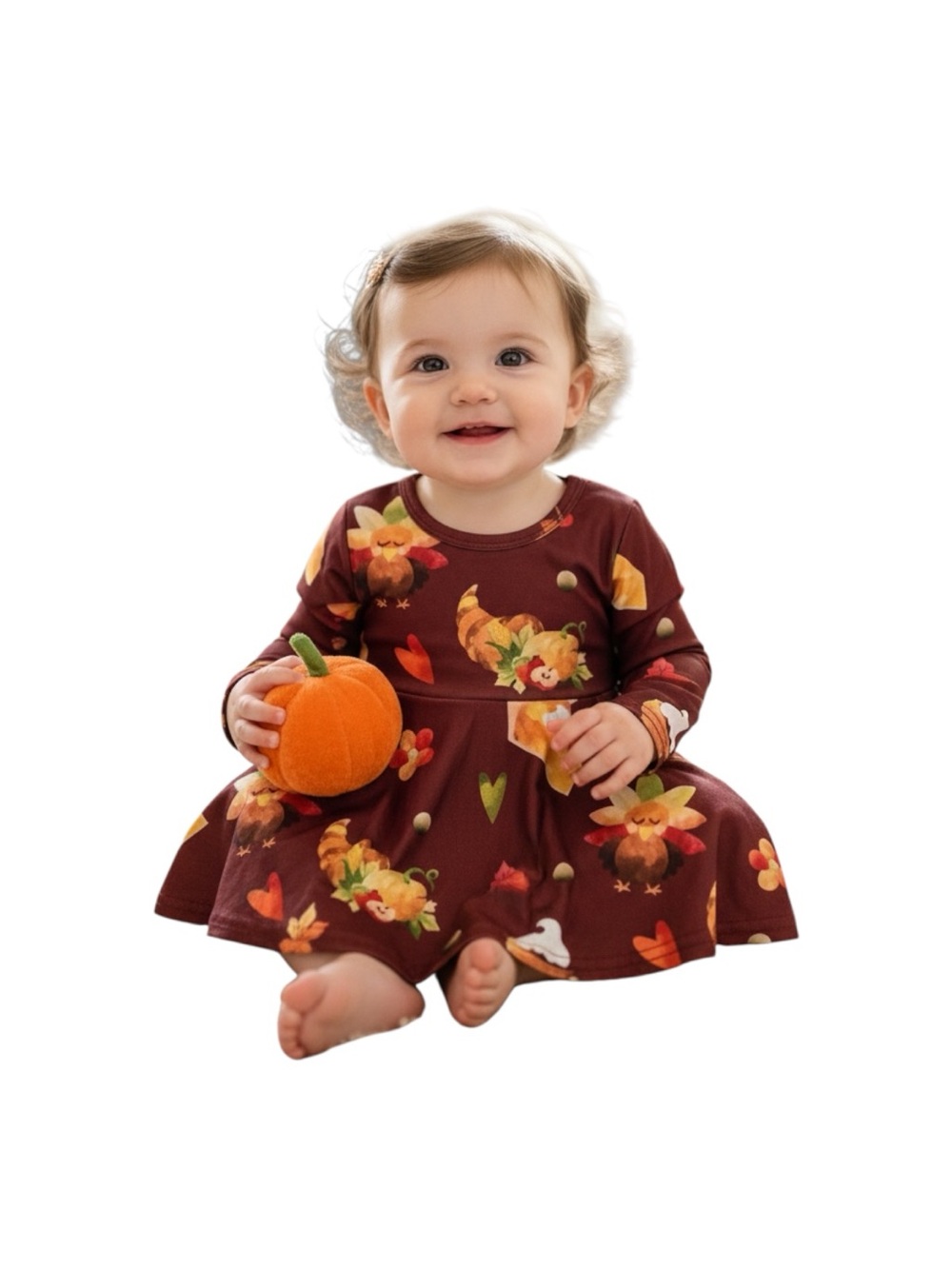 Toddler Brown Fall Pumpkin Print Long-Sleeve Dress